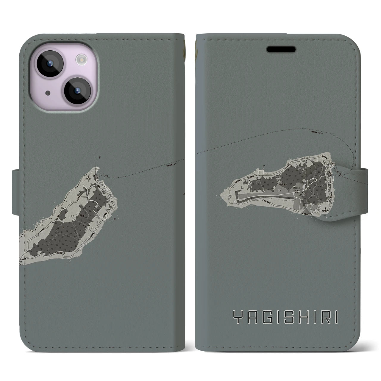 【焼尻(北海道)】地図柄iPhoneケース(手帳タイプ)モノトーン・iPhone 14 用