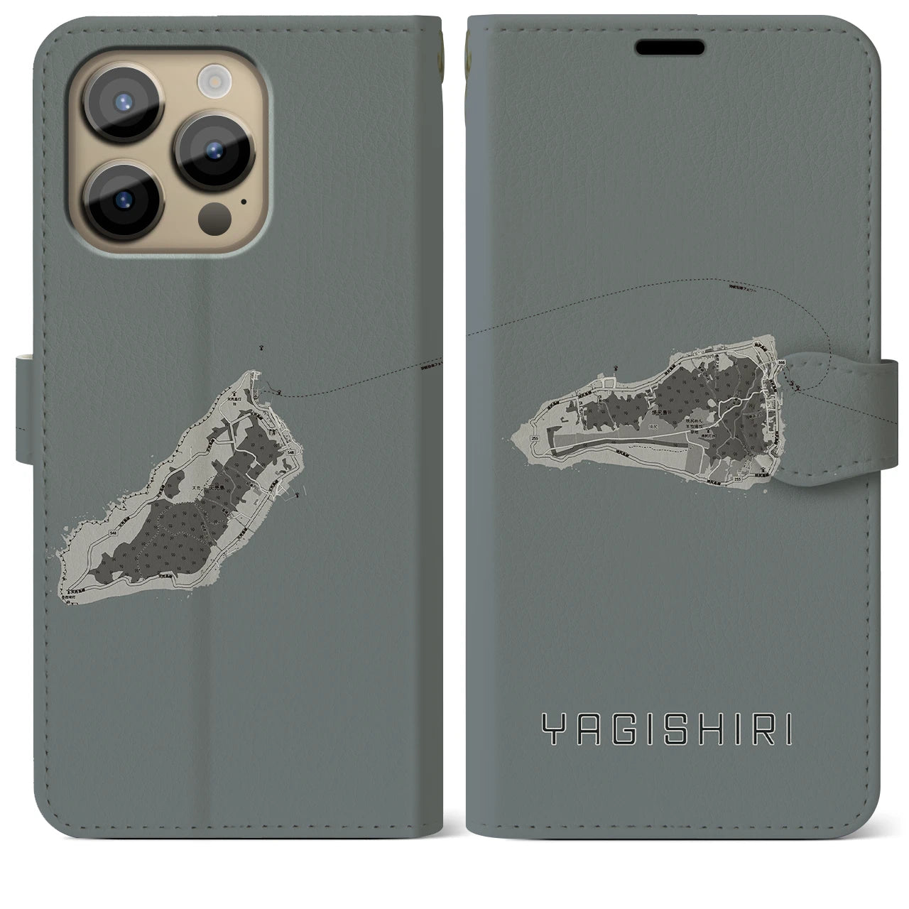 【焼尻(北海道)】地図柄iPhoneケース(手帳タイプ)モノトーン・iPhone 14 Pro Max 用