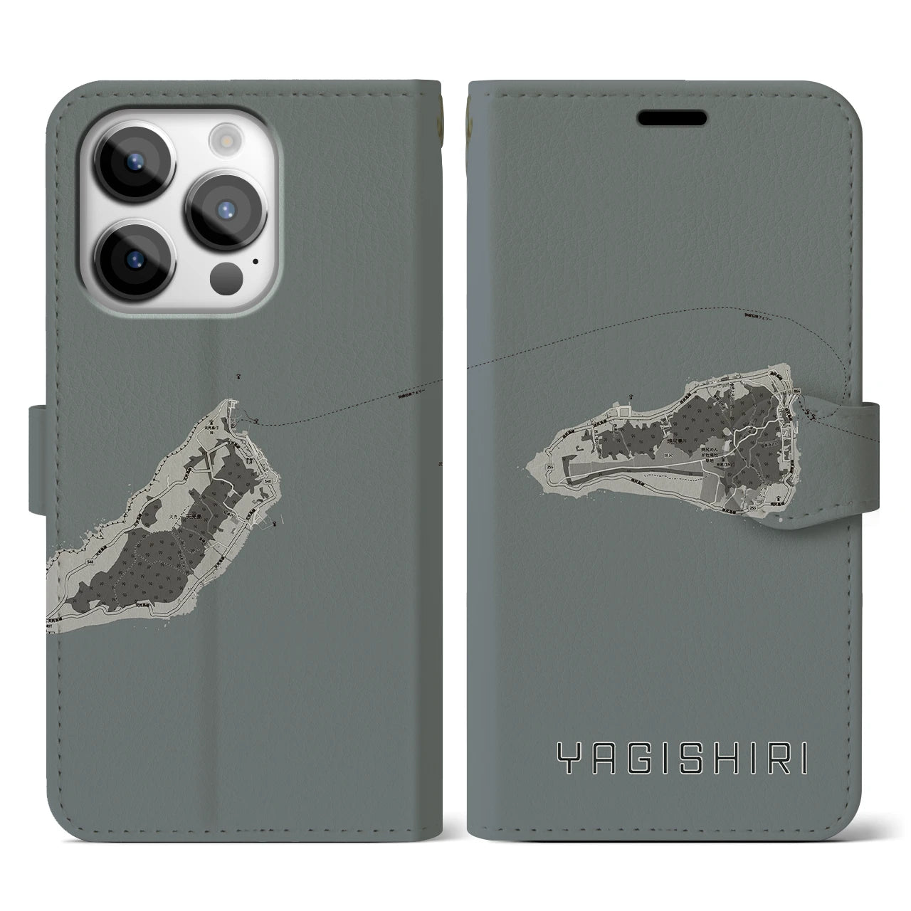 【焼尻(北海道)】地図柄iPhoneケース(手帳タイプ)モノトーン・iPhone 14 Pro 用