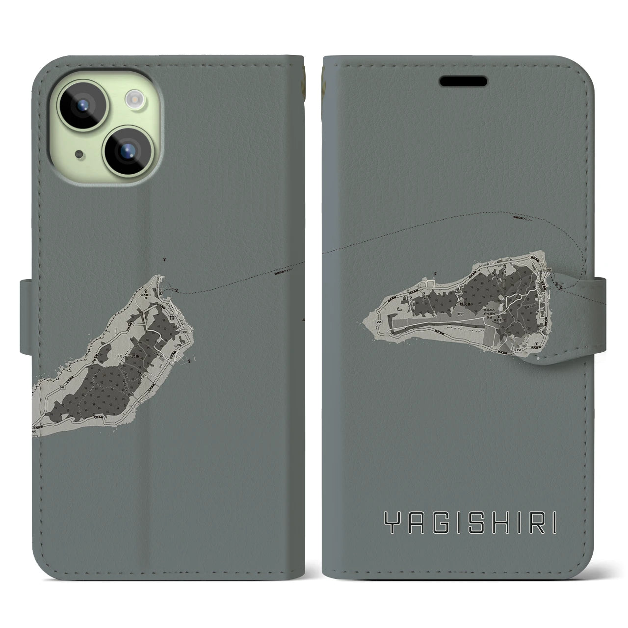 【焼尻(北海道)】地図柄iPhoneケース(手帳タイプ)モノトーン・iPhone 15 用