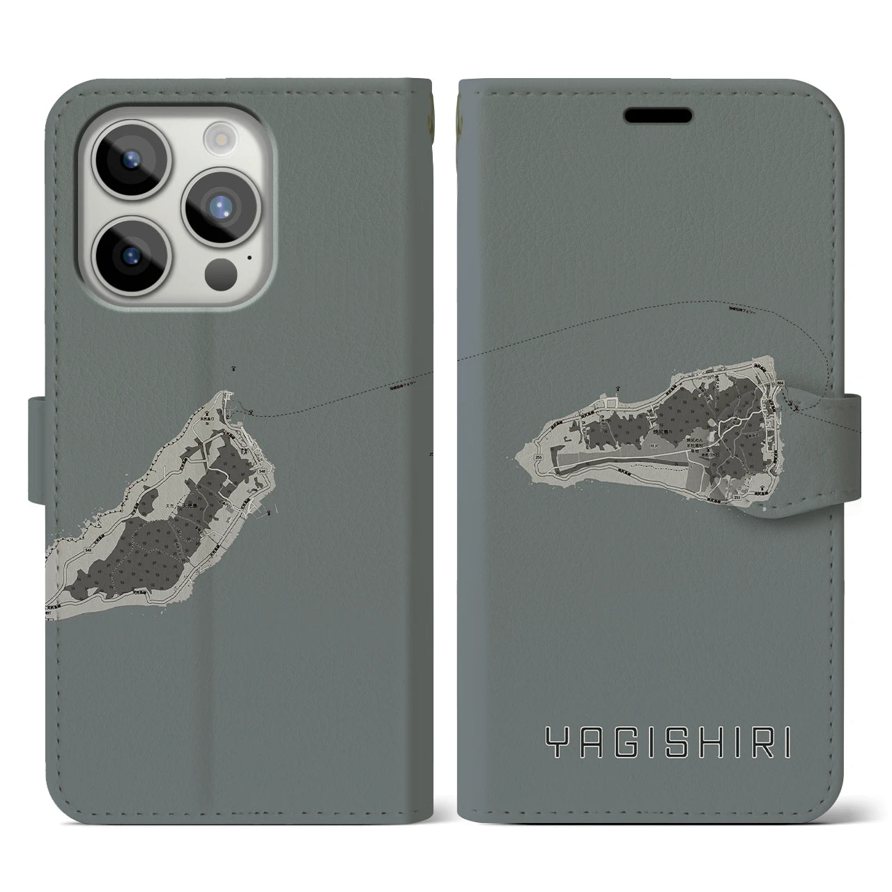 【焼尻(北海道)】地図柄iPhoneケース(手帳タイプ)モノトーン・iPhone 15 Pro 用