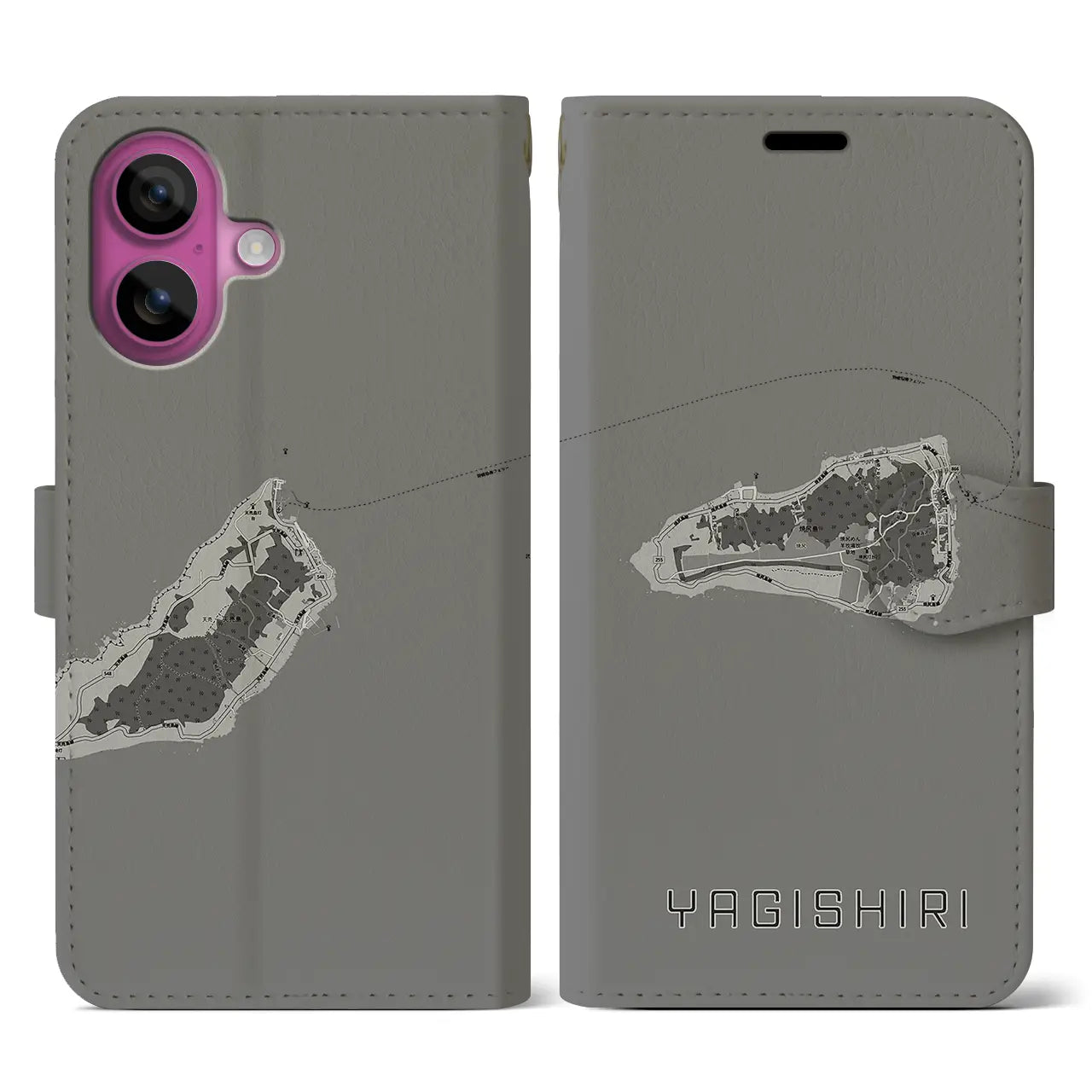 【焼尻(北海道)】地図柄iPhoneケース(手帳タイプ)モノトーン・iPhone 16 Pro 用