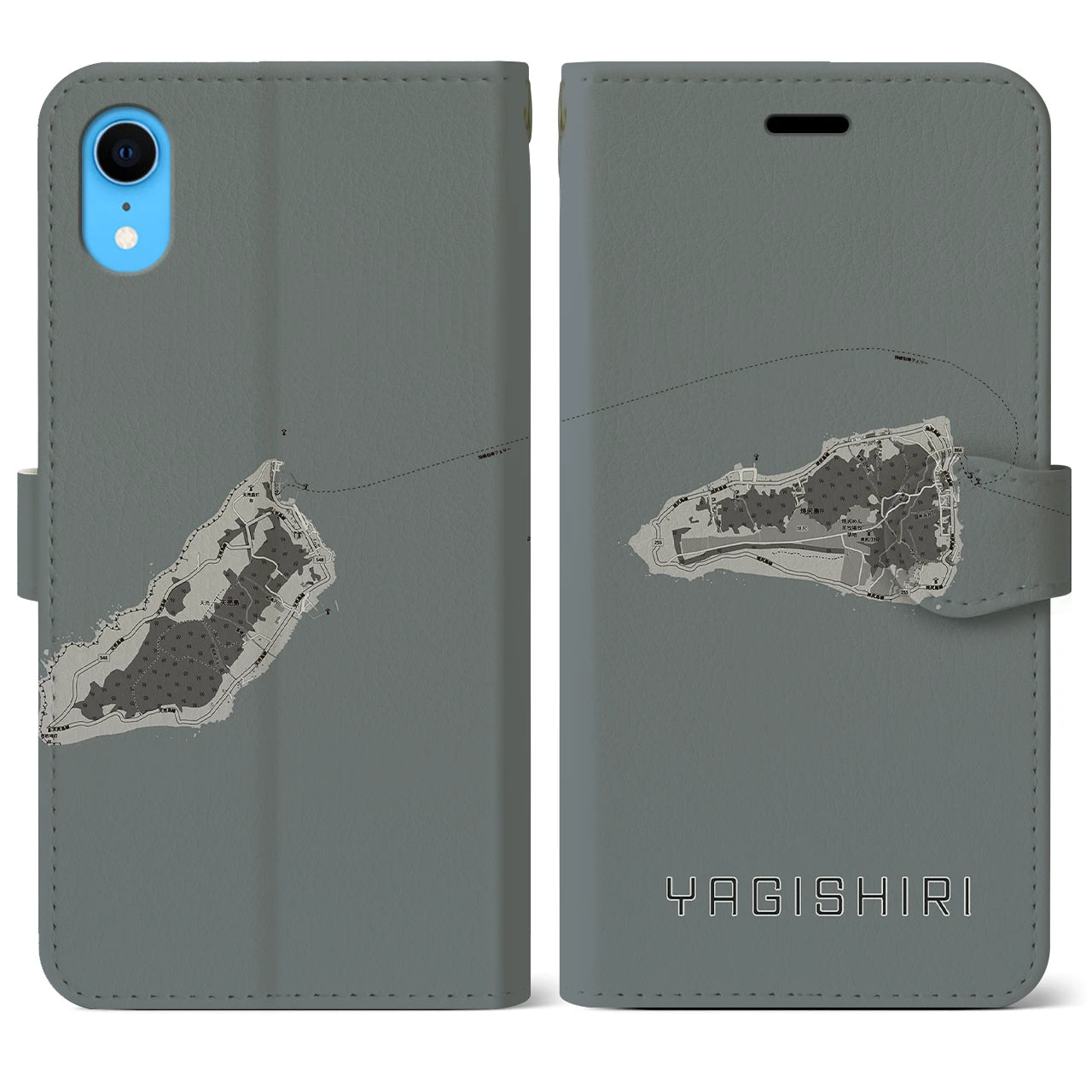 【焼尻(北海道)】地図柄iPhoneケース(手帳タイプ)モノトーン・iPhone XR 用