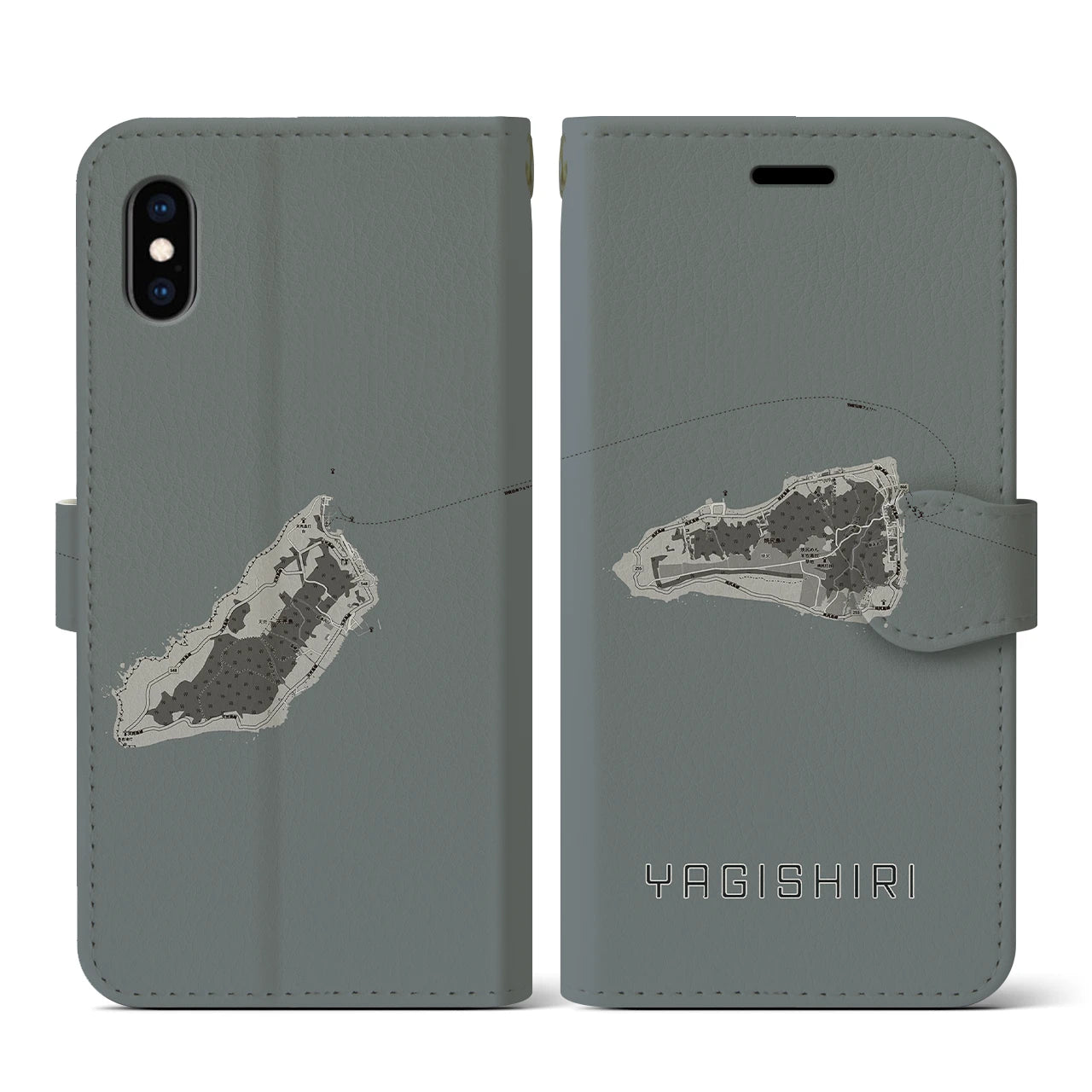 【焼尻(北海道)】地図柄iPhoneケース(手帳タイプ)モノトーン・iPhone XS / X 用