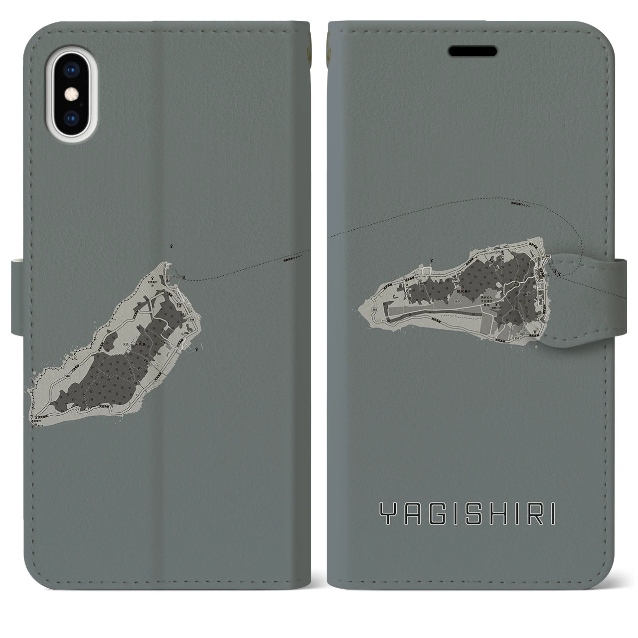 【焼尻(北海道)】地図柄iPhoneケース(手帳タイプ)モノトーン・iPhone XS Max 用