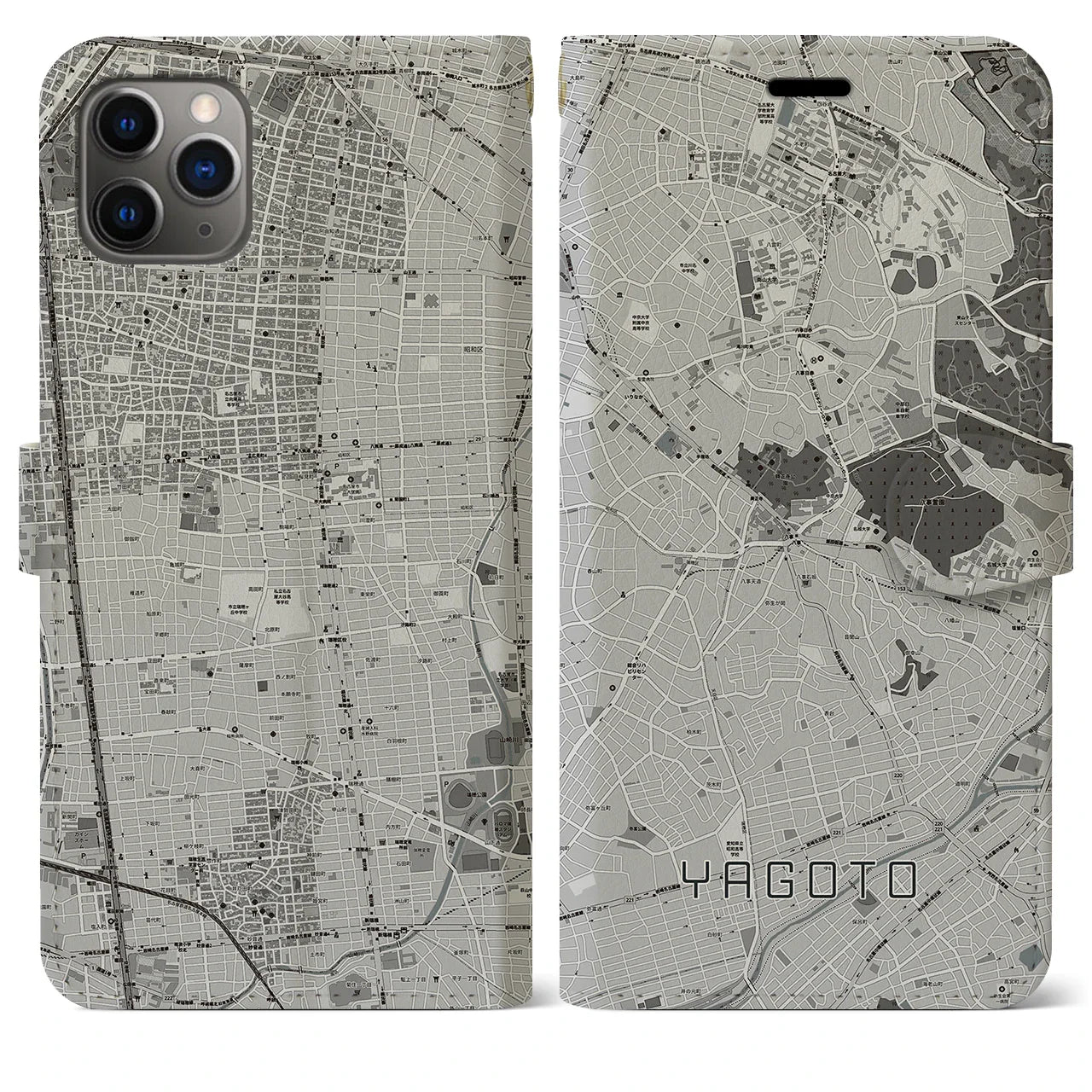 【八事(愛知県)】地図柄iPhoneケース(手帳タイプ)モノトーン・iPhone 11 Pro Max 用