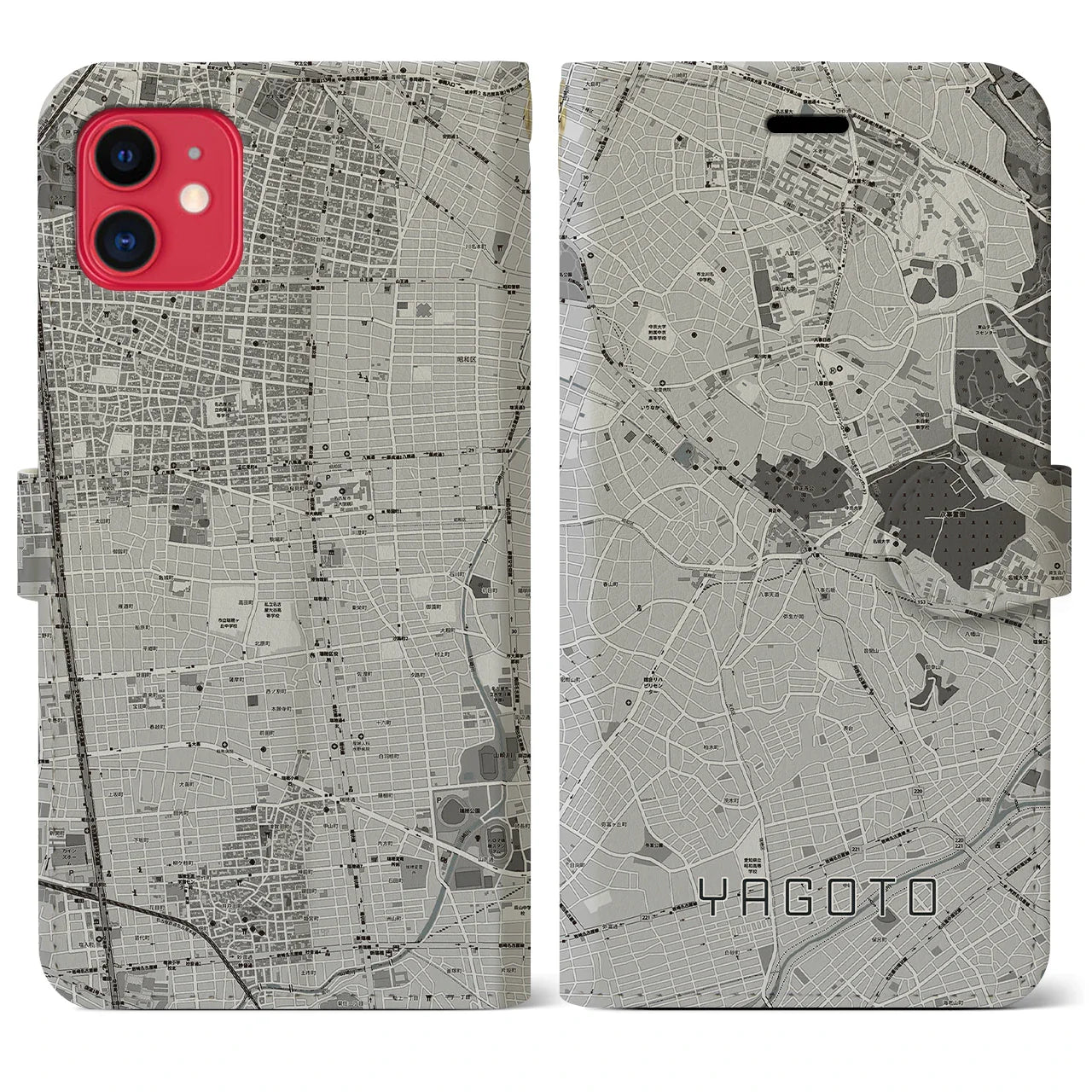 【八事(愛知県)】地図柄iPhoneケース(手帳タイプ)モノトーン・iPhone 11 用