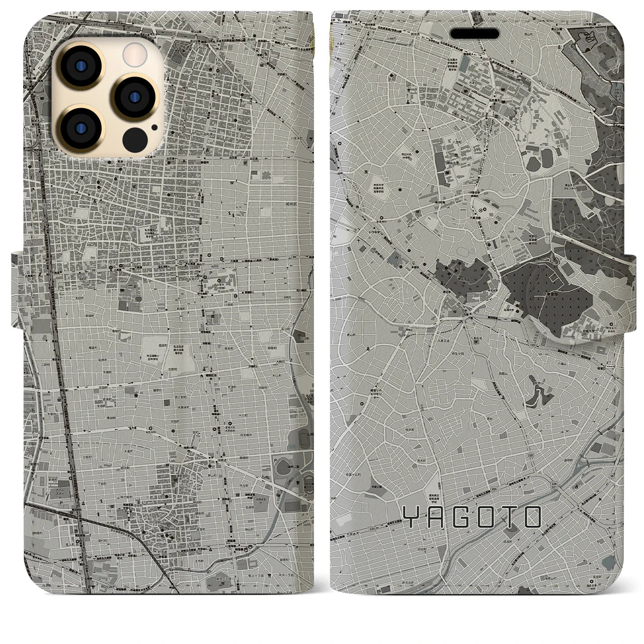 【八事(愛知県)】地図柄iPhoneケース(手帳タイプ)モノトーン・iPhone 12 Pro Max 用