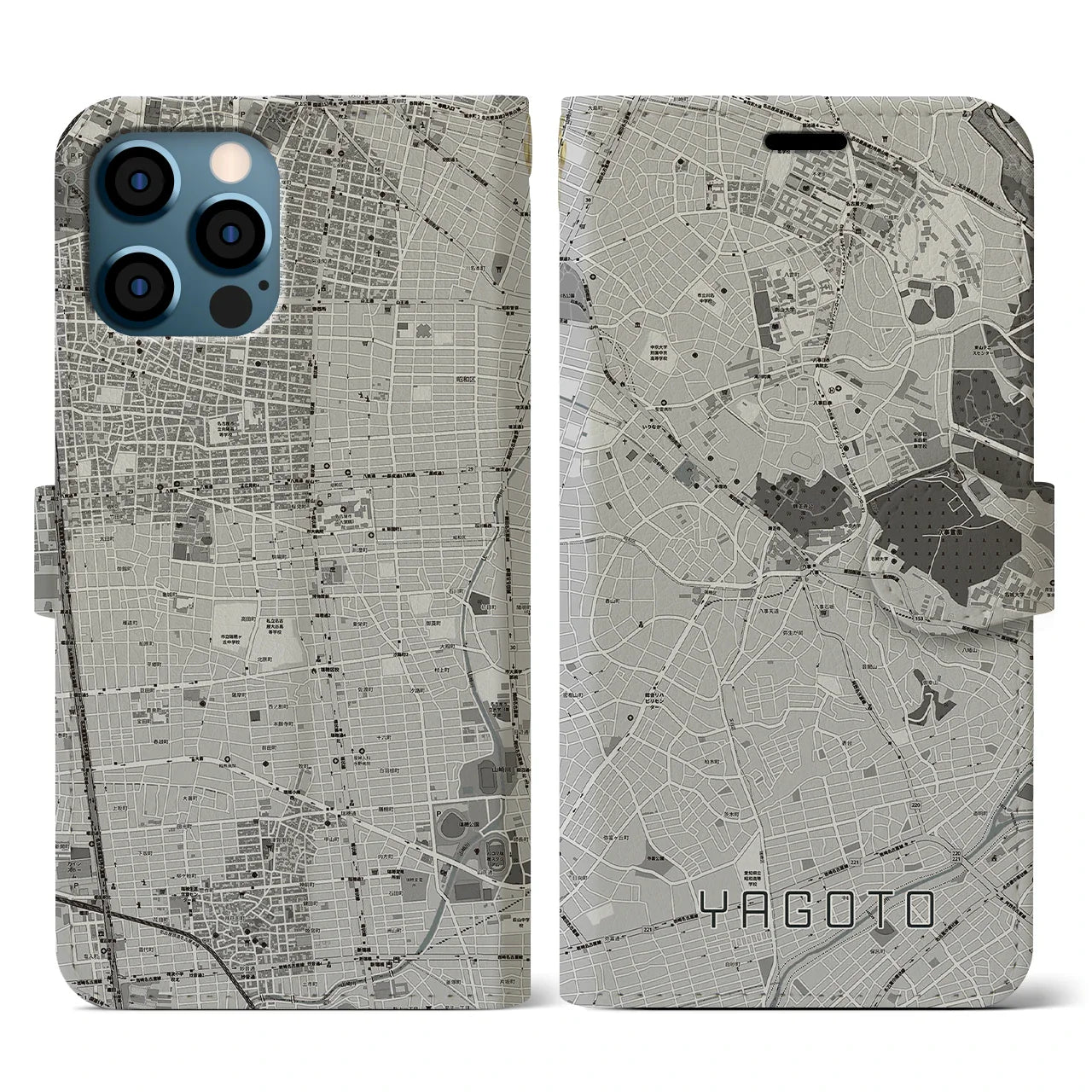 【八事(愛知県)】地図柄iPhoneケース(手帳タイプ)モノトーン・iPhone 12 / 12 Pro 用