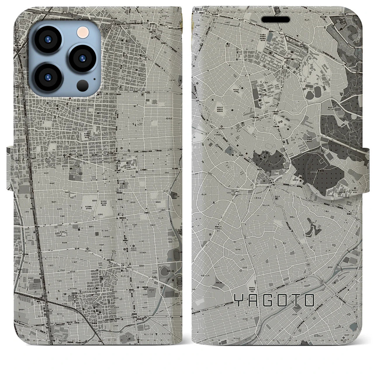 【八事(愛知県)】地図柄iPhoneケース(手帳タイプ)モノトーン・iPhone 13 Pro Max 用