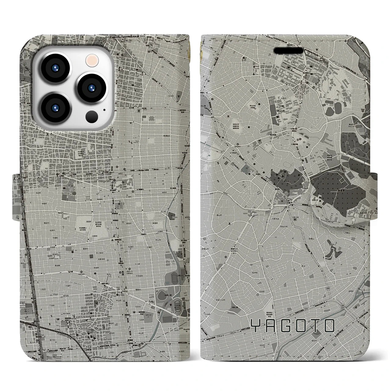 【八事(愛知県)】地図柄iPhoneケース(手帳タイプ)モノトーン・iPhone 13 Pro 用