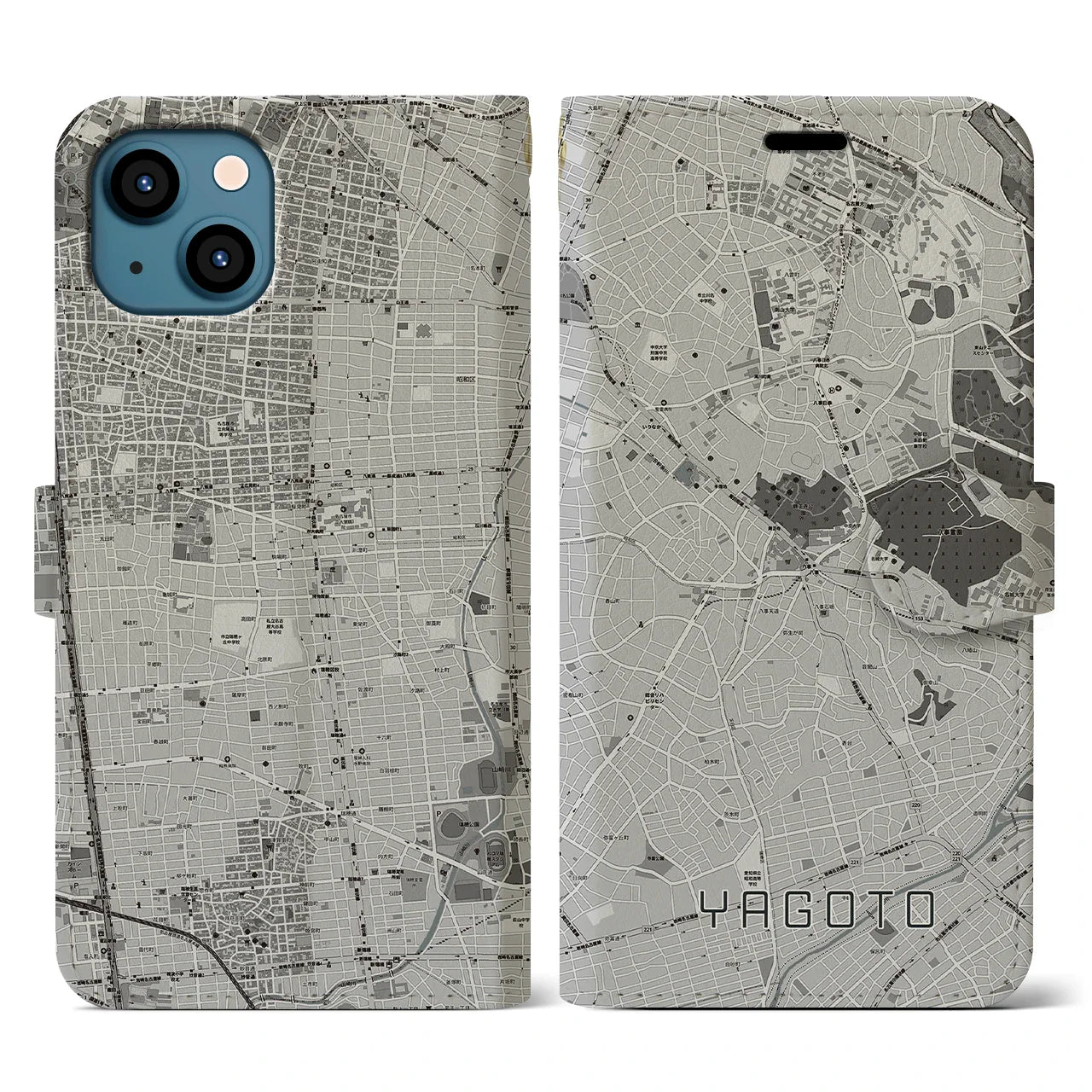 【八事(愛知県)】地図柄iPhoneケース(手帳タイプ)モノトーン・iPhone 13 用