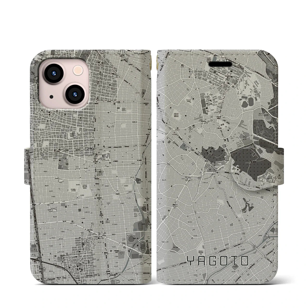 【八事(愛知県)】地図柄iPhoneケース(手帳タイプ)モノトーン・iPhone 13 mini 用