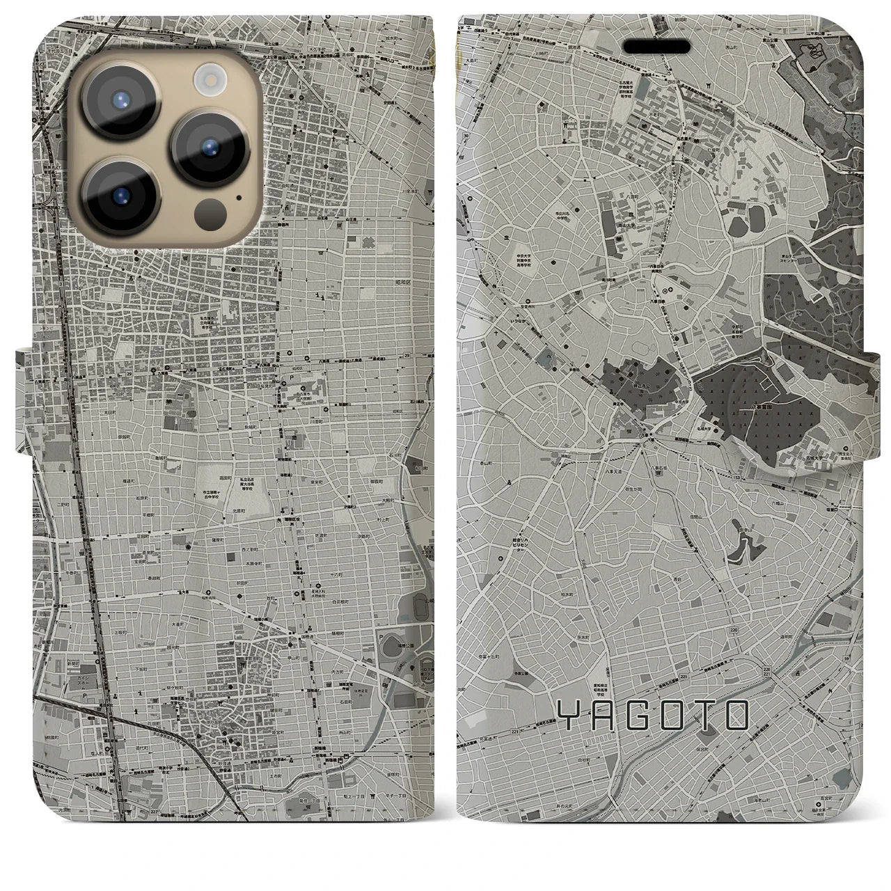 【八事(愛知県)】地図柄iPhoneケース(手帳タイプ)モノトーン・iPhone 14 Pro Max 用
