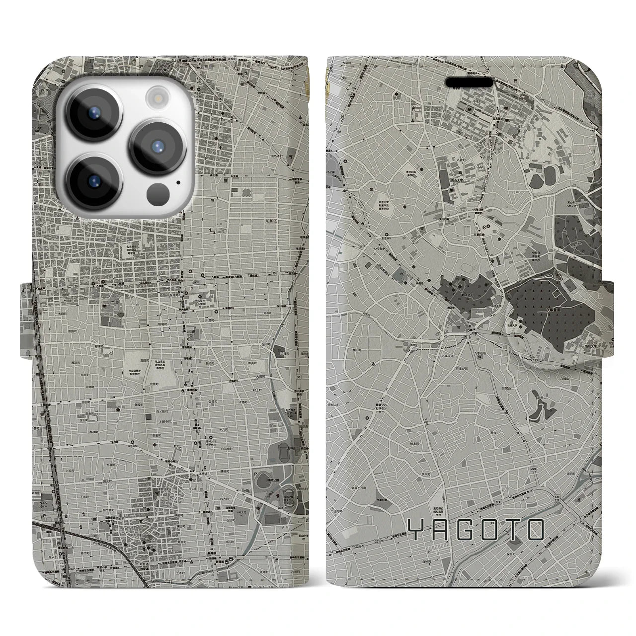 【八事(愛知県)】地図柄iPhoneケース(手帳タイプ)モノトーン・iPhone 14 Pro 用