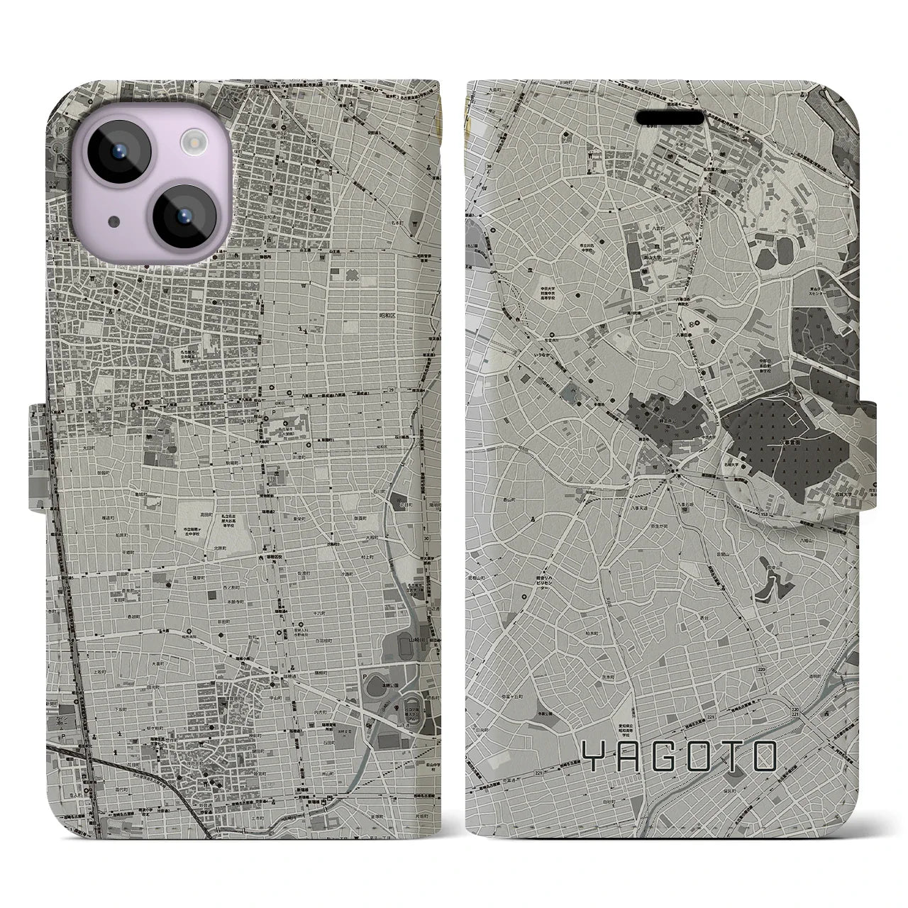 【八事(愛知県)】地図柄iPhoneケース(手帳タイプ)モノトーン・iPhone 14 用