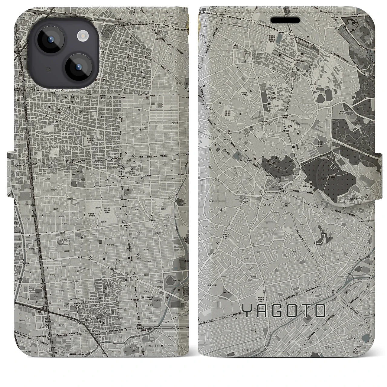 【八事(愛知県)】地図柄iPhoneケース(手帳タイプ)モノトーン・iPhone 14 Plus 用