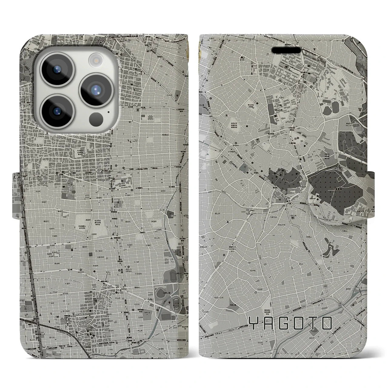 【八事(愛知県)】地図柄iPhoneケース(手帳タイプ)モノトーン・iPhone 15 Pro 用