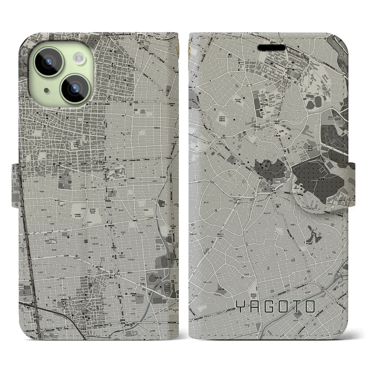 【八事(愛知県)】地図柄iPhoneケース(手帳タイプ)モノトーン・iPhone 15 用