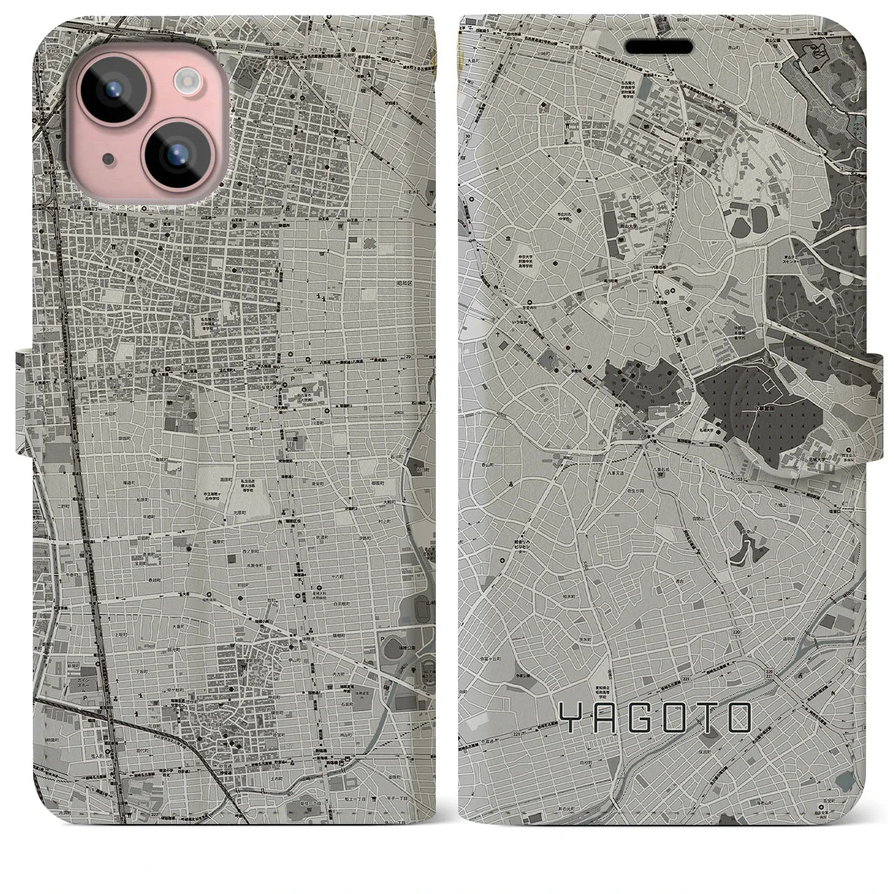 【八事(愛知県)】地図柄iPhoneケース(手帳タイプ)モノトーン・iPhone 15 Plus 用