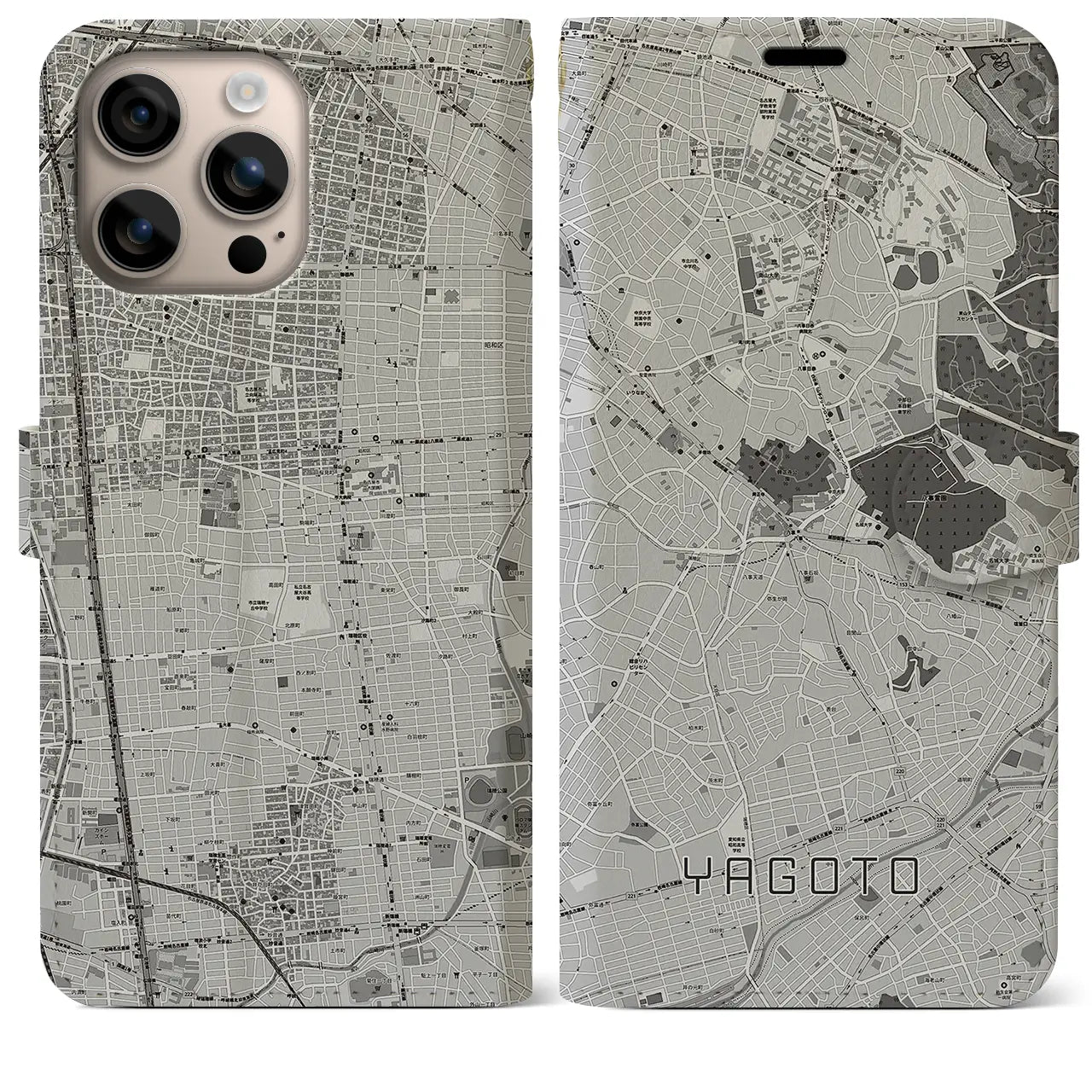 【八事(愛知県)】地図柄iPhoneケース(手帳タイプ)モノトーン・iPhone 16 Plus 用
