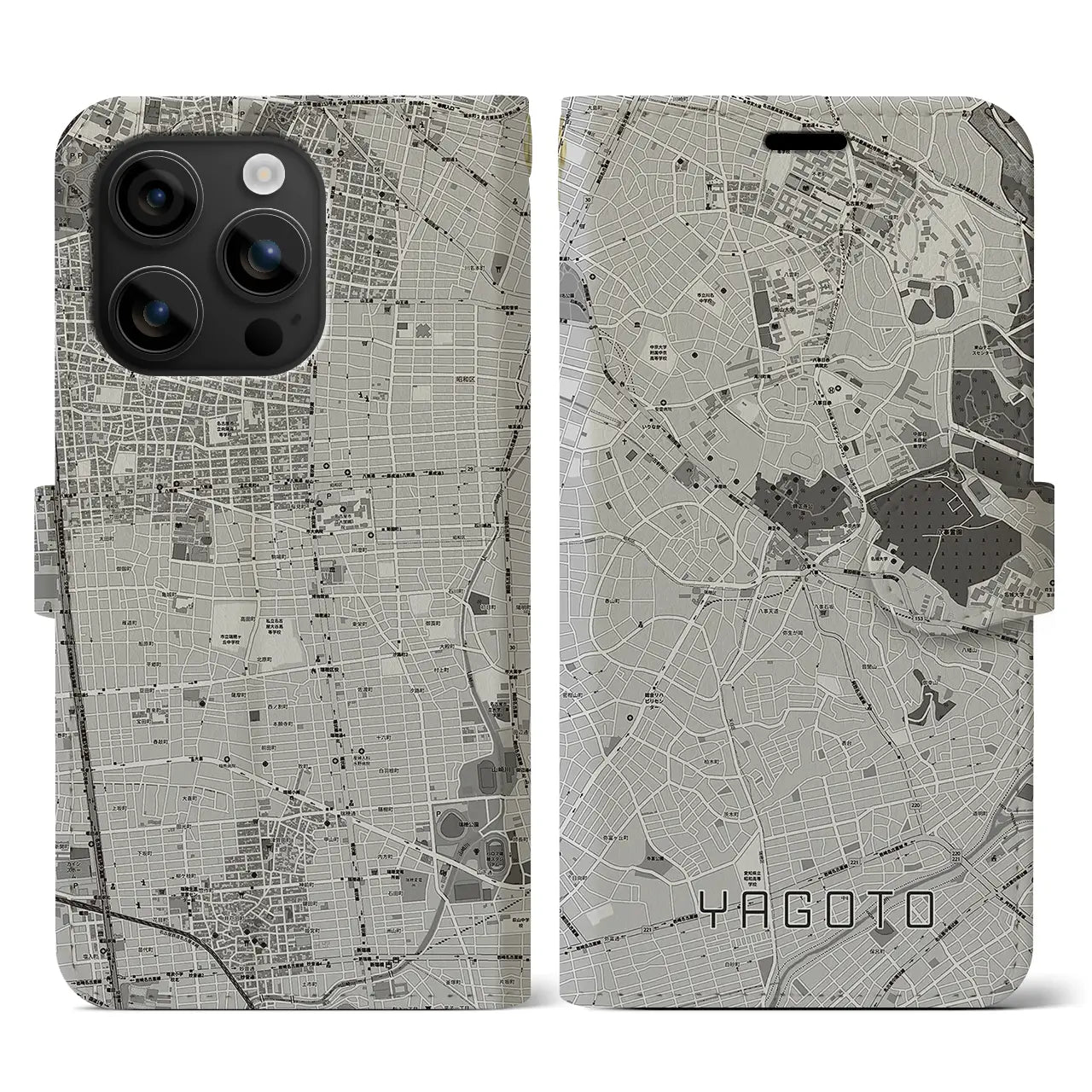 【八事(愛知県)】地図柄iPhoneケース(手帳タイプ)モノトーン・iPhone 16 用