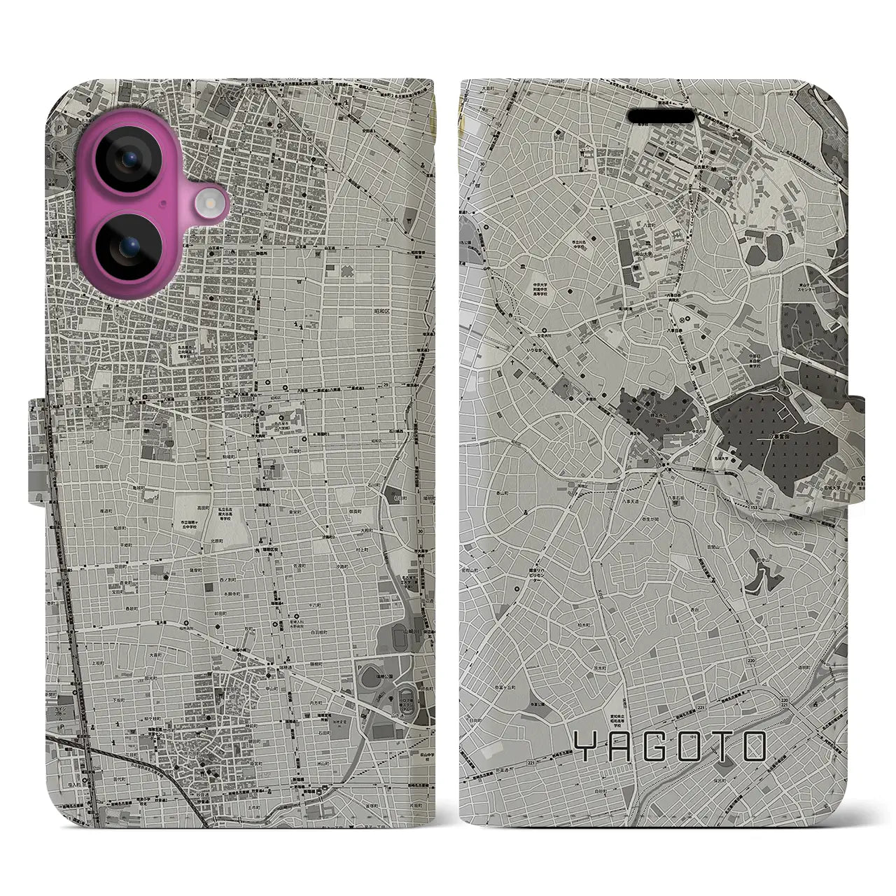 【八事(愛知県)】地図柄iPhoneケース(手帳タイプ)モノトーン・iPhone 16 Pro 用