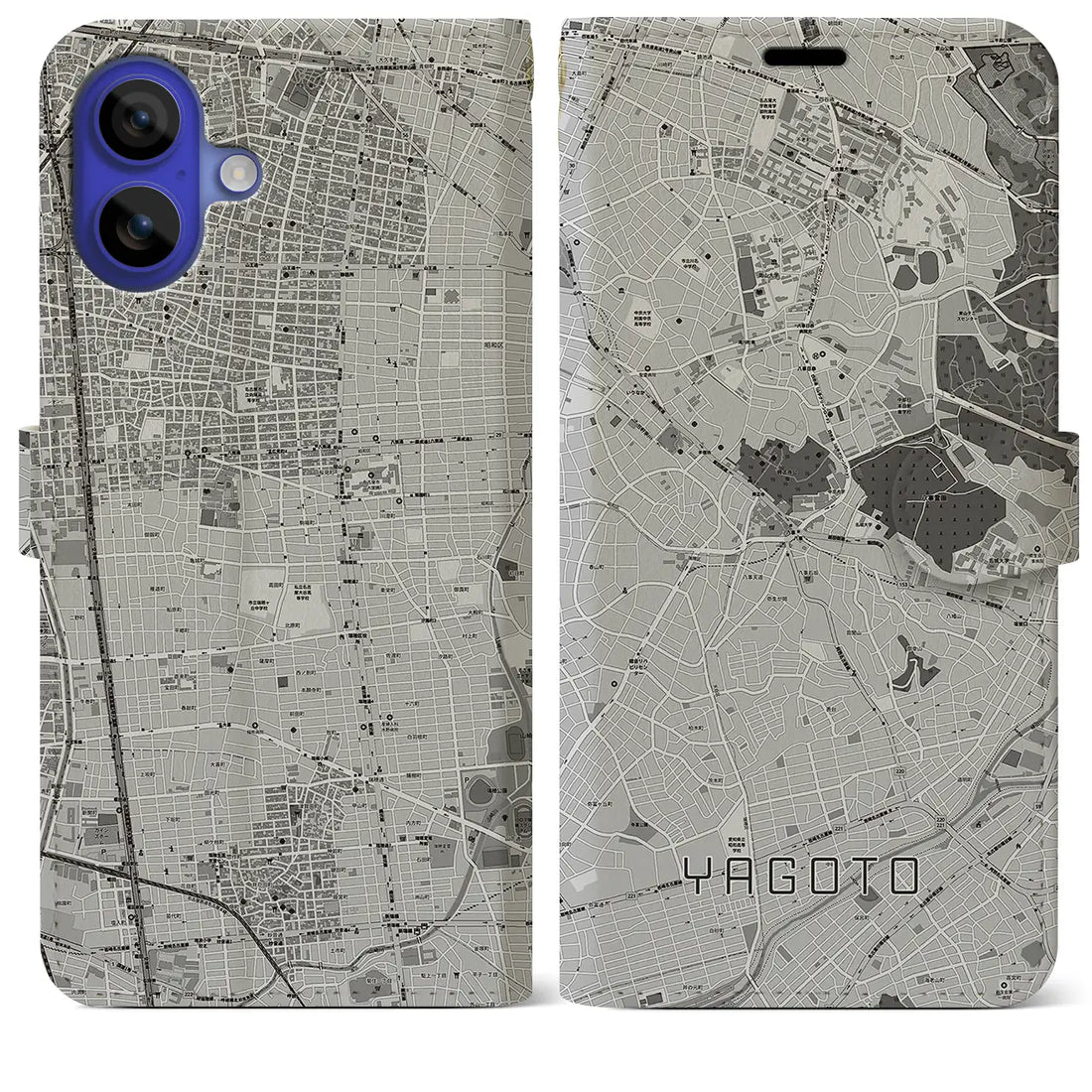 【八事(愛知県)】地図柄iPhoneケース(手帳タイプ)モノトーン・iPhone 16 Pro Max 用