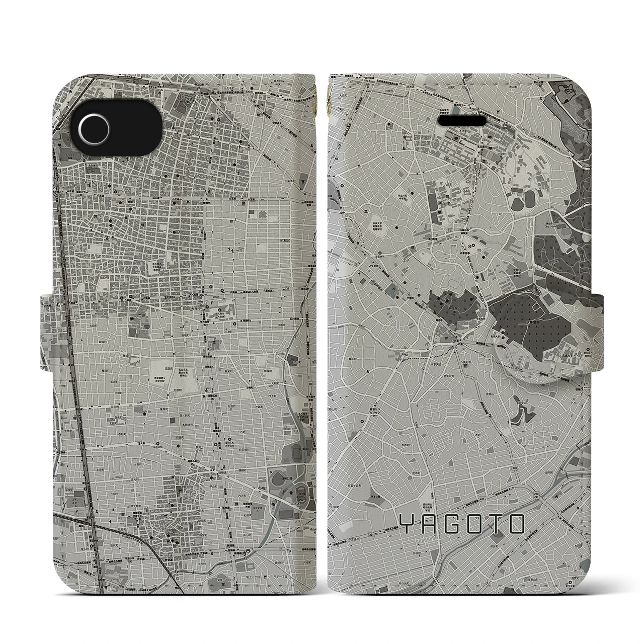 【八事(愛知県)】地図柄iPhoneケース(手帳タイプ)モノトーン・iPhone SE(第3 / 第2世代) / 8 / 7 / 6s / 6 用