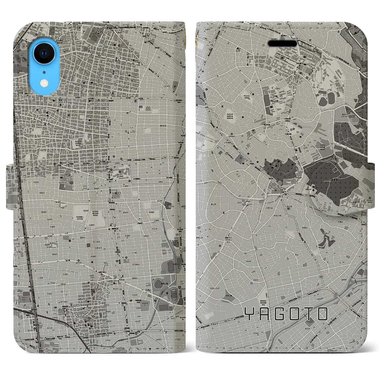 【八事(愛知県)】地図柄iPhoneケース(手帳タイプ)モノトーン・iPhone XR 用