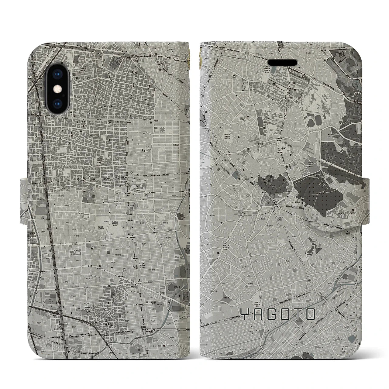 【八事(愛知県)】地図柄iPhoneケース(手帳タイプ)モノトーン・iPhone XS / X 用