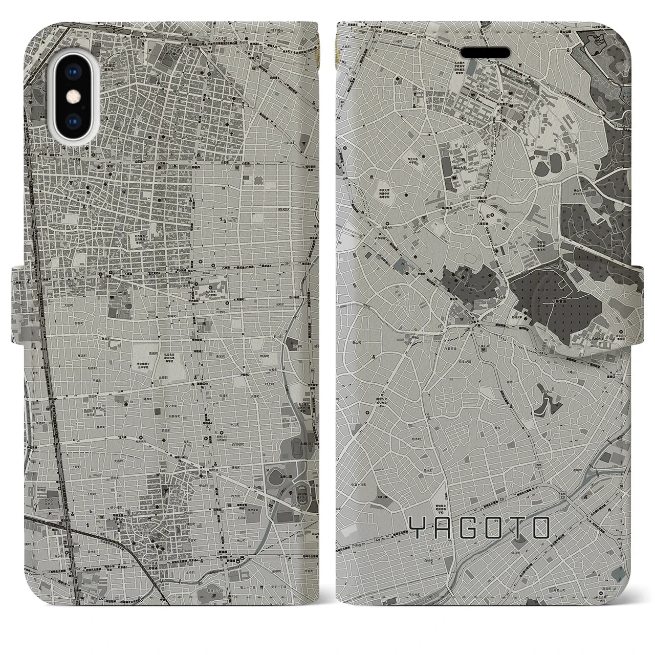 【八事(愛知県)】地図柄iPhoneケース(手帳タイプ)モノトーン・iPhone XS Max 用