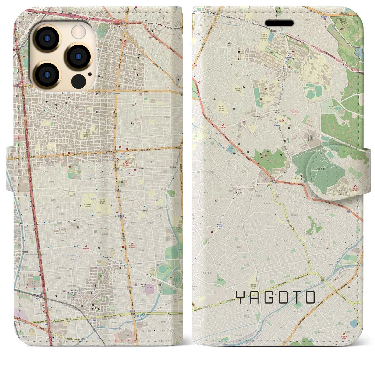 【八事(愛知県)】地図柄iPhoneケース(手帳タイプ)ナチュラル・iPhone 12 Pro Max 用