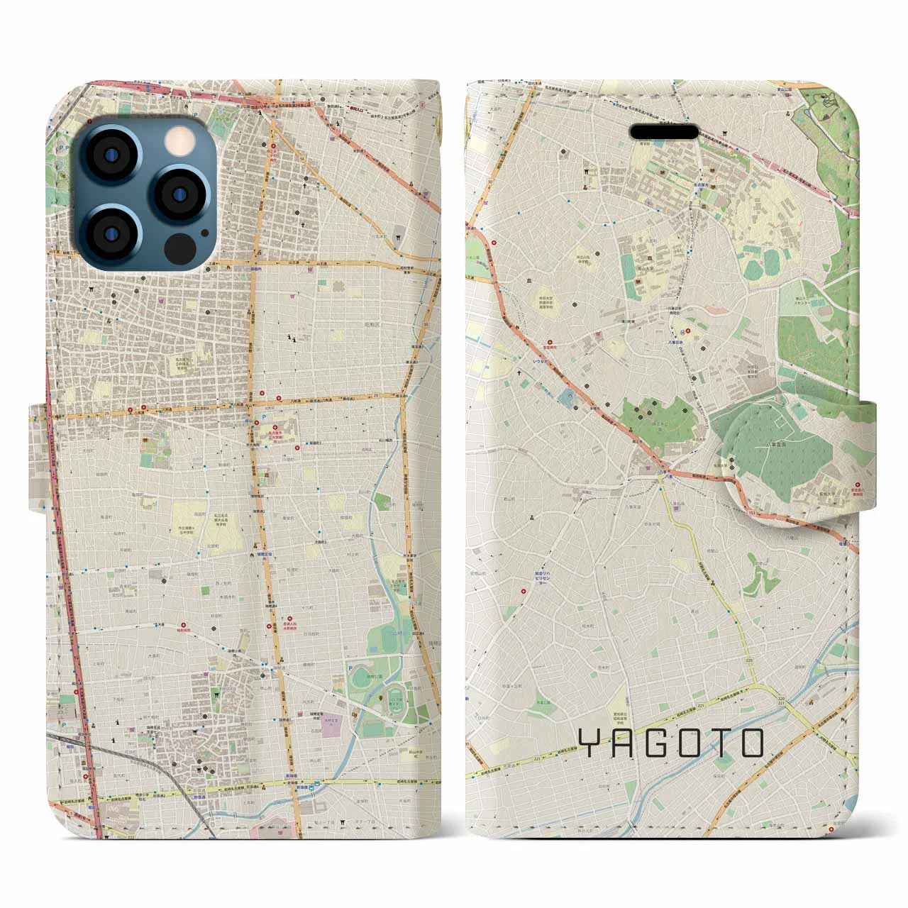 【八事(愛知県)】地図柄iPhoneケース(手帳タイプ)ナチュラル・iPhone 12 / 12 Pro 用