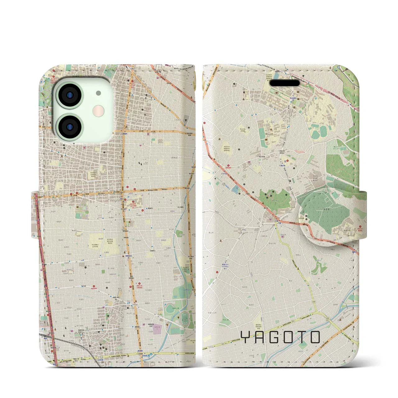 【八事(愛知県)】地図柄iPhoneケース(手帳タイプ)ナチュラル・iPhone 12 mini 用
