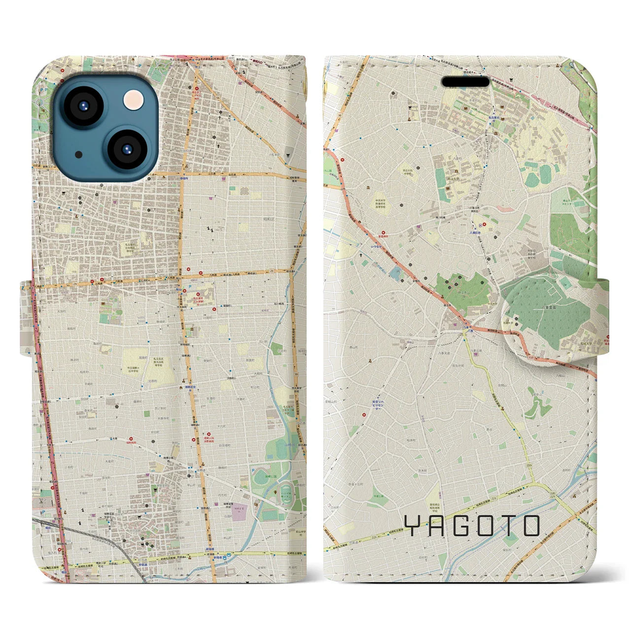 【八事(愛知県)】地図柄iPhoneケース(手帳タイプ)ナチュラル・iPhone 13 用