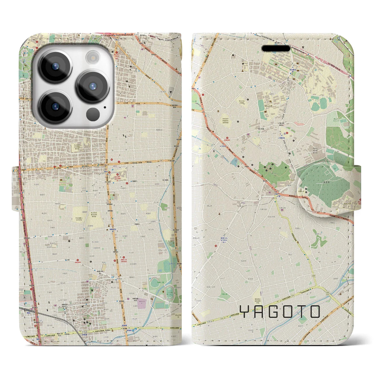 【八事(愛知県)】地図柄iPhoneケース(手帳タイプ)ナチュラル・iPhone 14 Pro 用