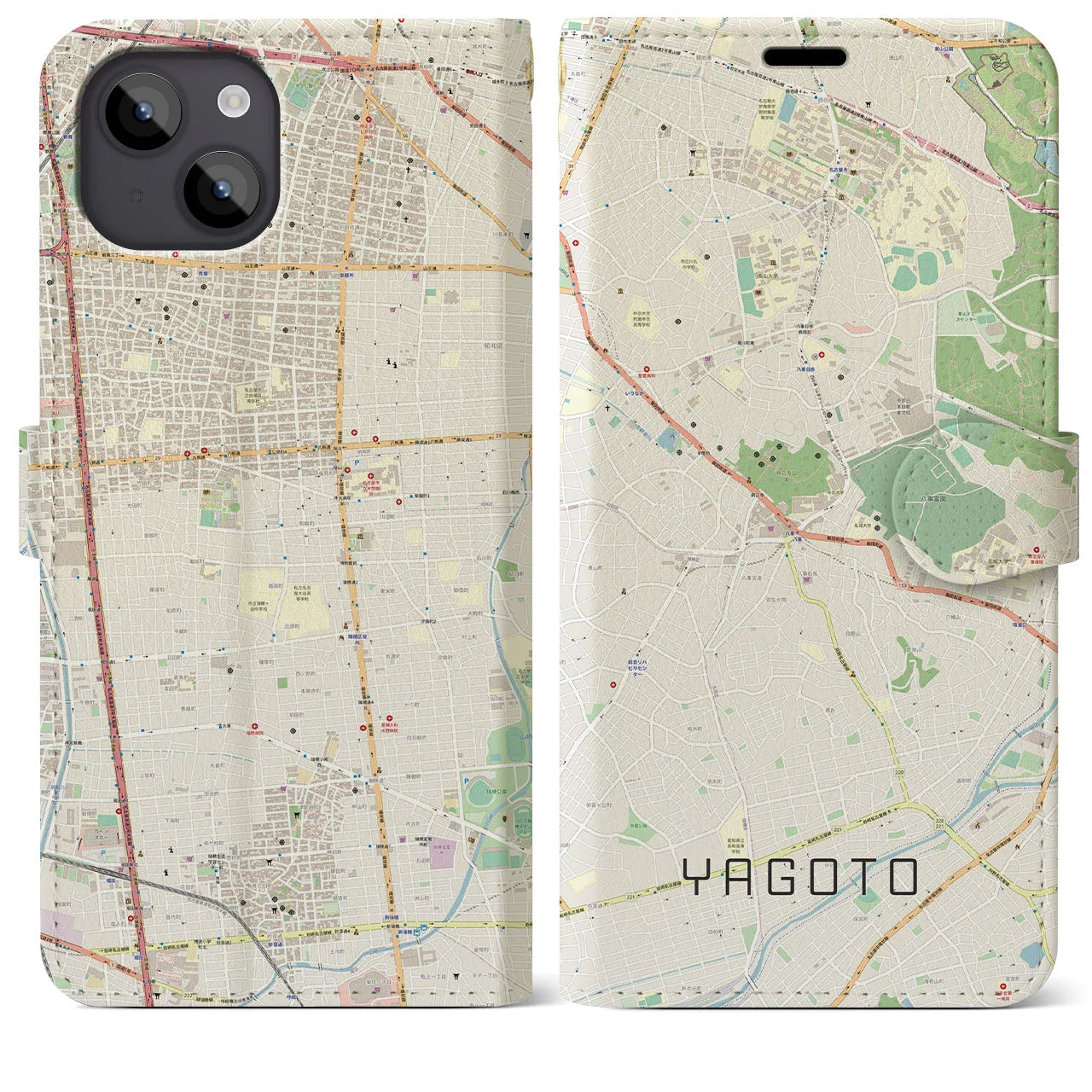 【八事(愛知県)】地図柄iPhoneケース(手帳タイプ)ナチュラル・iPhone 14 Plus 用