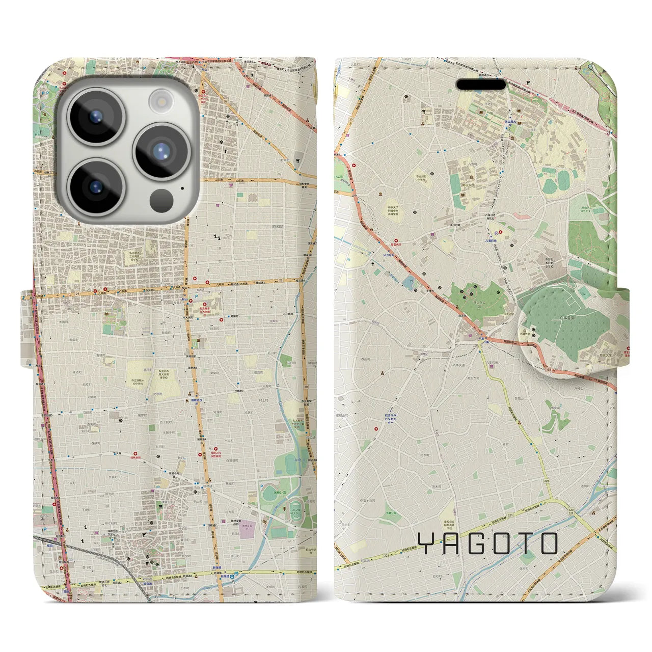 【八事(愛知県)】地図柄iPhoneケース(手帳タイプ)ナチュラル・iPhone 15 Pro 用