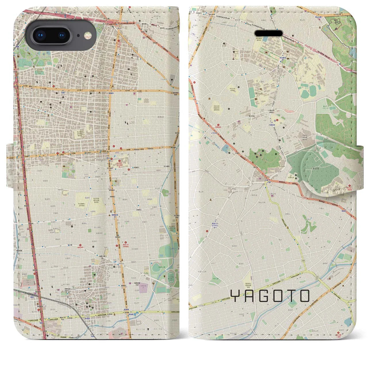 【八事(愛知県)】地図柄iPhoneケース(手帳タイプ)ナチュラル・iPhone 8Plus /7Plus / 6sPlus / 6Plus 用