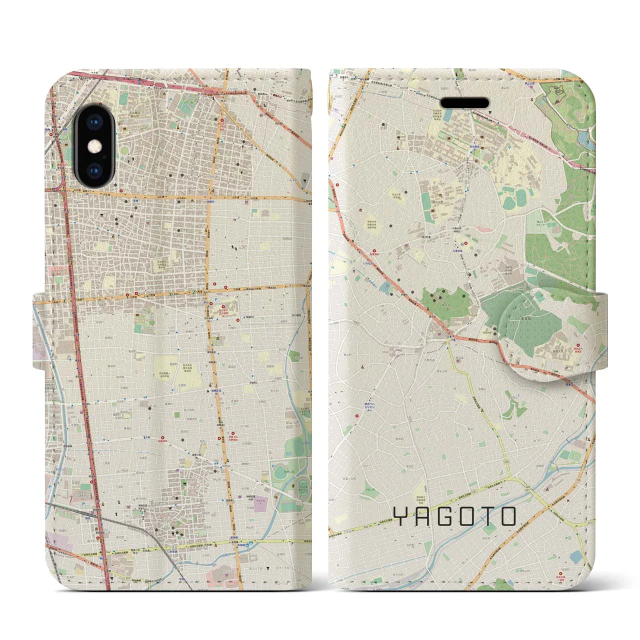 【八事(愛知県)】地図柄iPhoneケース(手帳タイプ)ナチュラル・iPhone XS / X 用