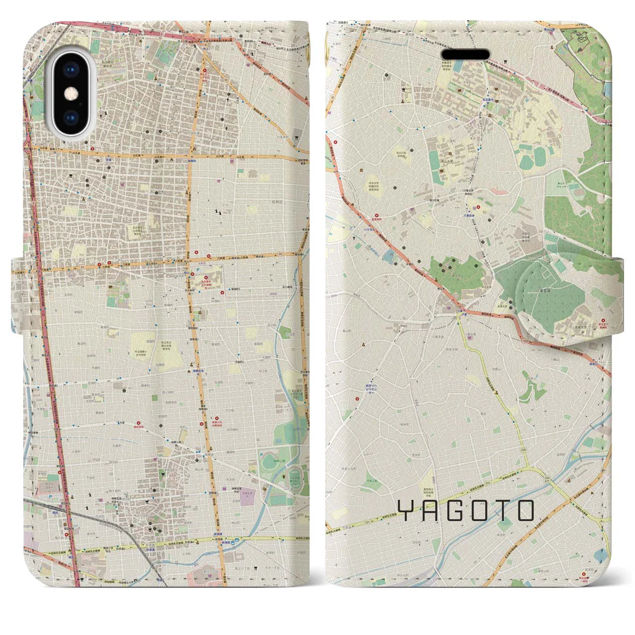 【八事(愛知県)】地図柄iPhoneケース(手帳タイプ)ナチュラル・iPhone XS Max 用
