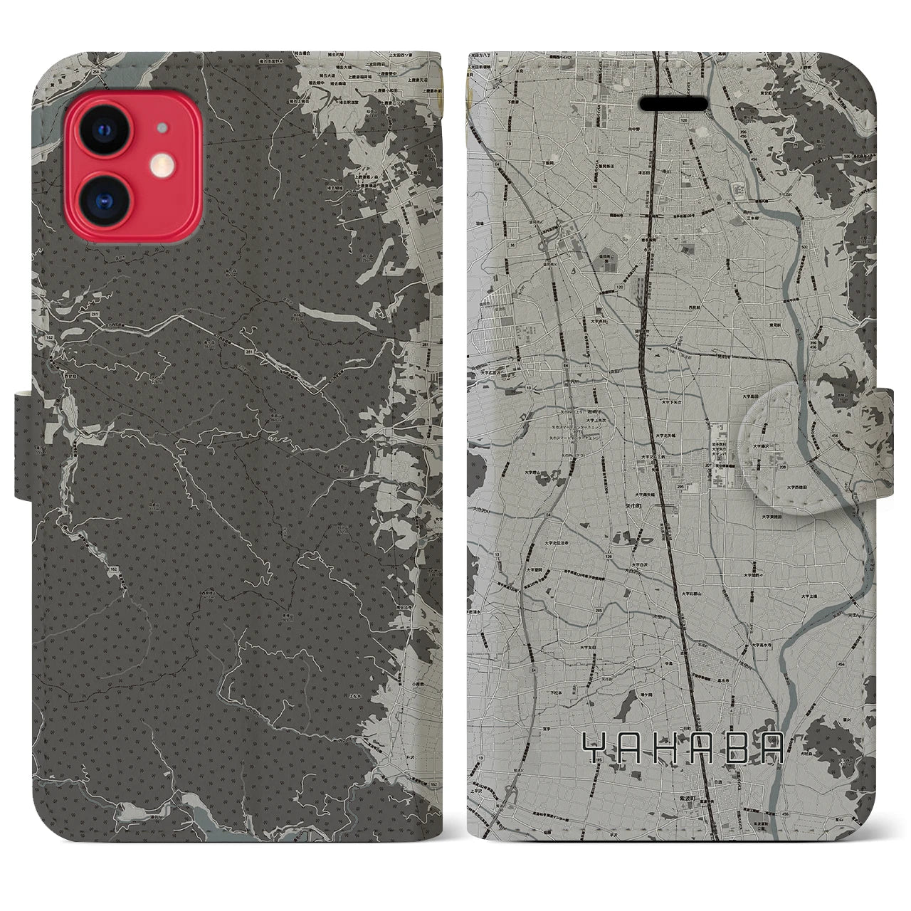 【矢巾(岩手県)】地図柄iPhoneケース(手帳タイプ)モノトーン・iPhone 11 用