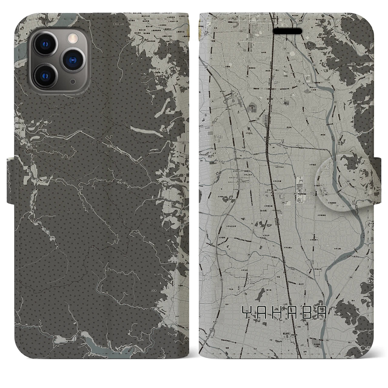 【矢巾(岩手県)】地図柄iPhoneケース(手帳タイプ)モノトーン・iPhone 11 Pro Max 用