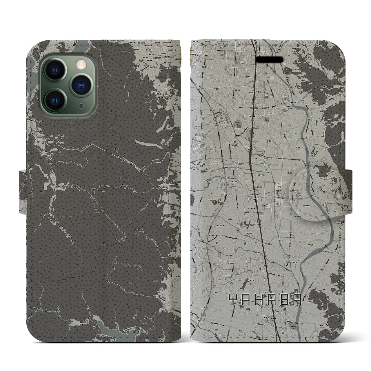 【矢巾(岩手県)】地図柄iPhoneケース(手帳タイプ)モノトーン・iPhone 11 Pro 用