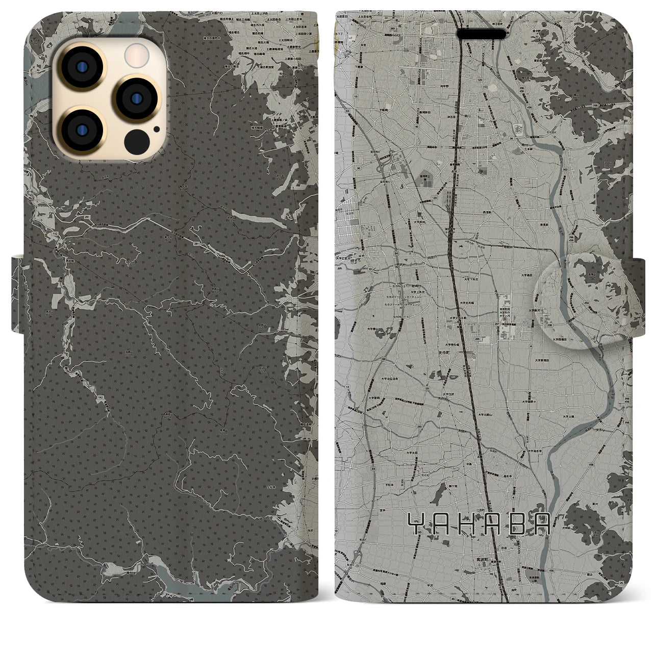 【矢巾(岩手県)】地図柄iPhoneケース(手帳タイプ)モノトーン・iPhone 12 Pro Max 用