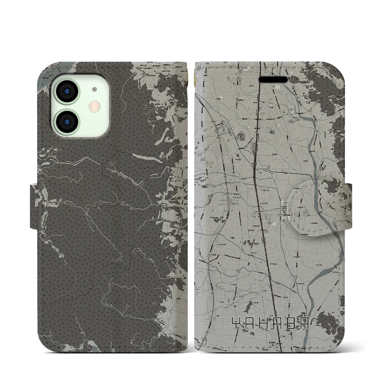 【矢巾(岩手県)】地図柄iPhoneケース(手帳タイプ)モノトーン・iPhone 12 mini 用