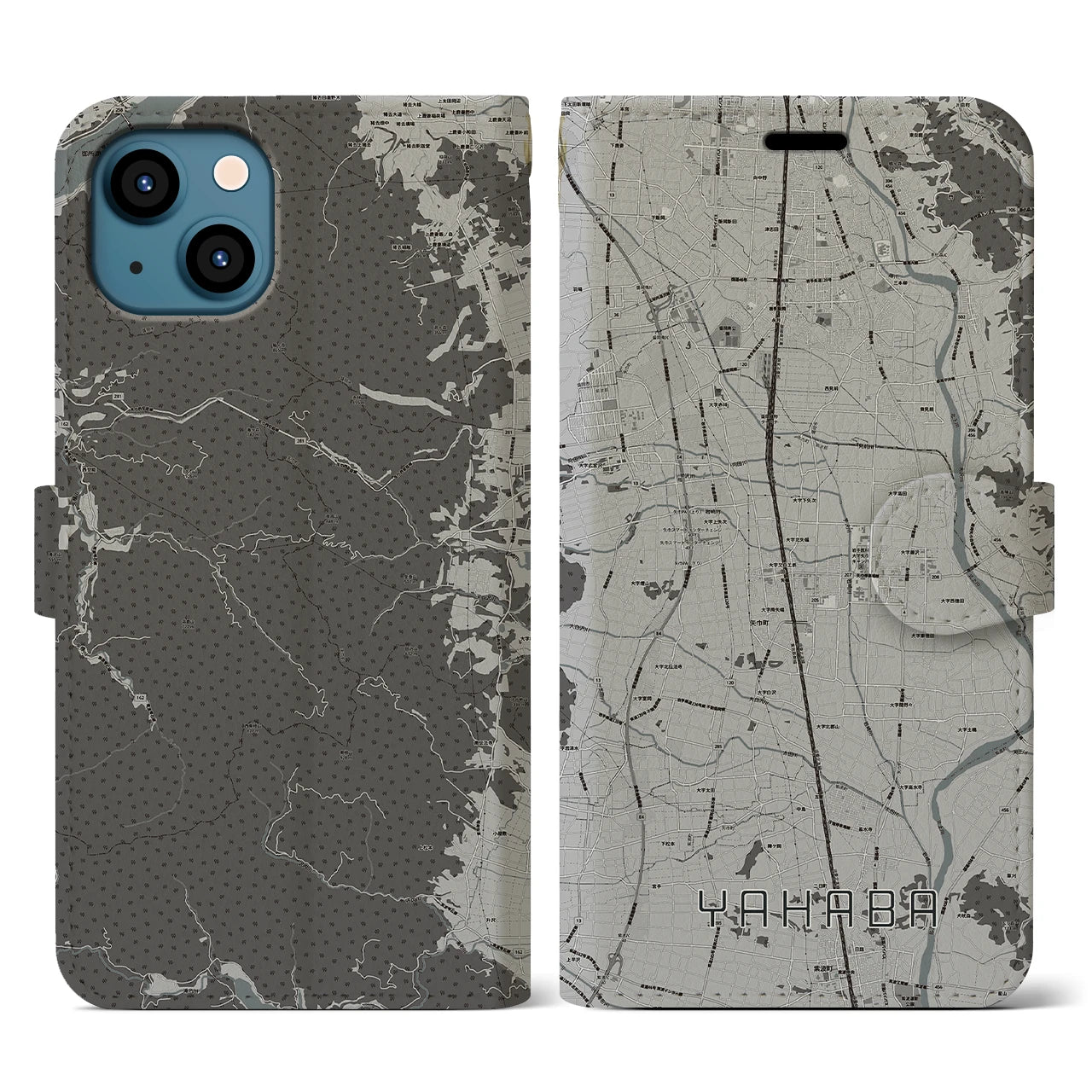 【矢巾(岩手県)】地図柄iPhoneケース(手帳タイプ)モノトーン・iPhone 13 用