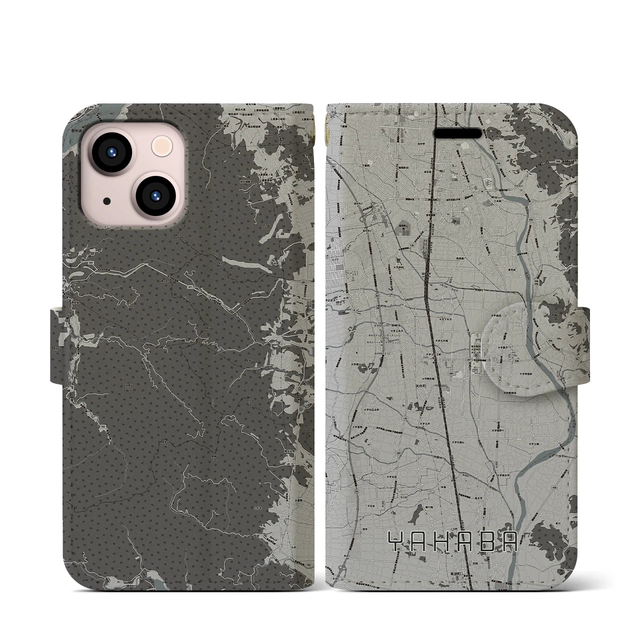 【矢巾(岩手県)】地図柄iPhoneケース(手帳タイプ)モノトーン・iPhone 13 mini 用
