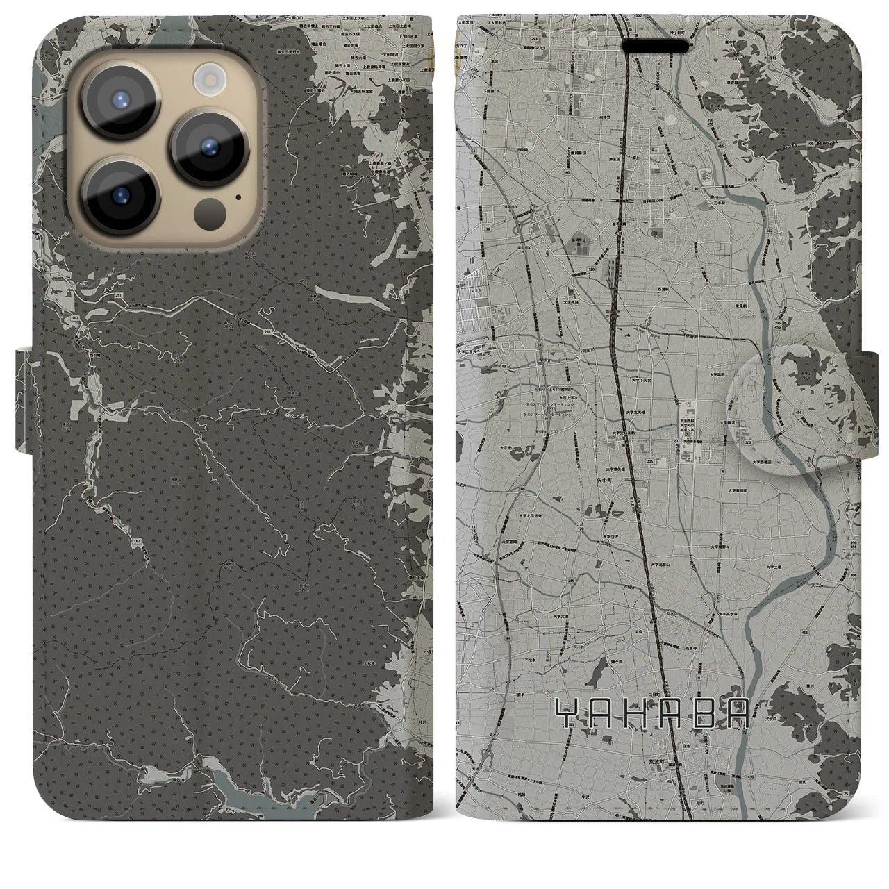 【矢巾(岩手県)】地図柄iPhoneケース(手帳タイプ)モノトーン・iPhone 14 Pro Max 用